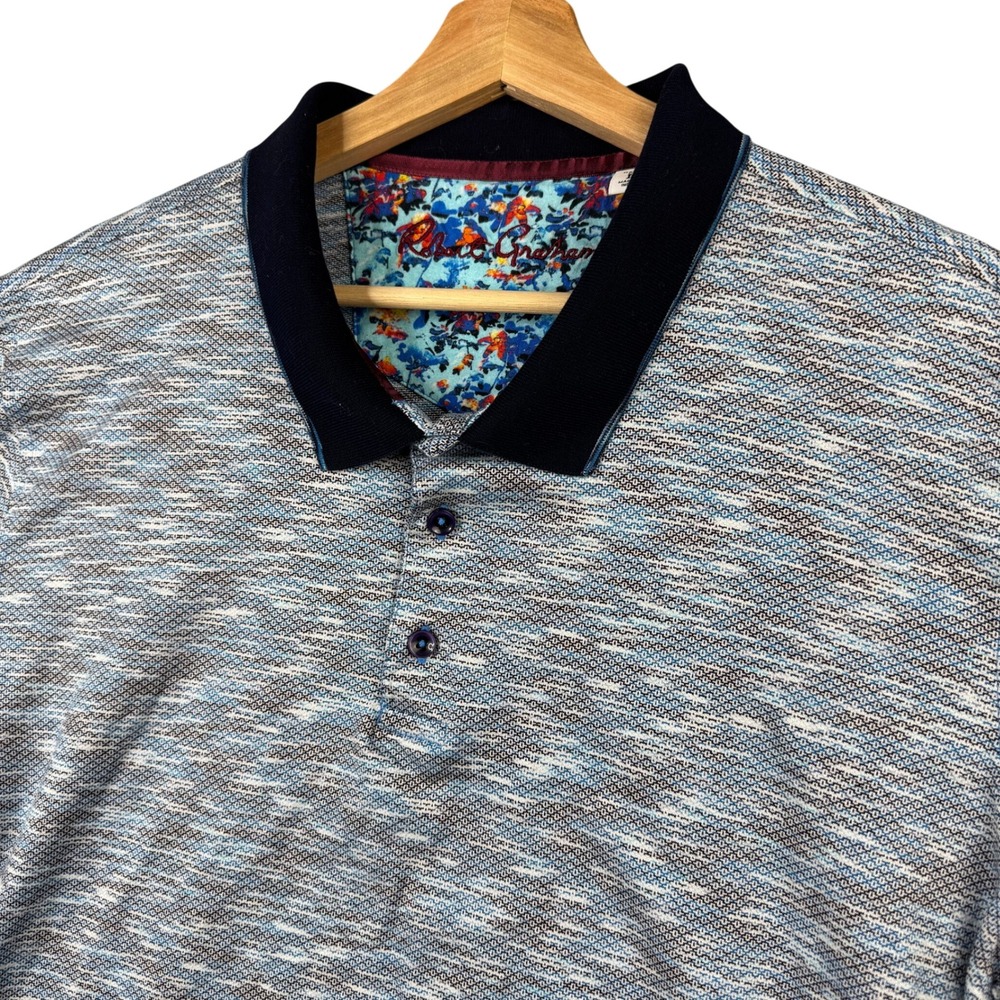 Robert Graham Mens Classic Fit Blue Geometric Knit 100% Cotton Polo Shirt Large